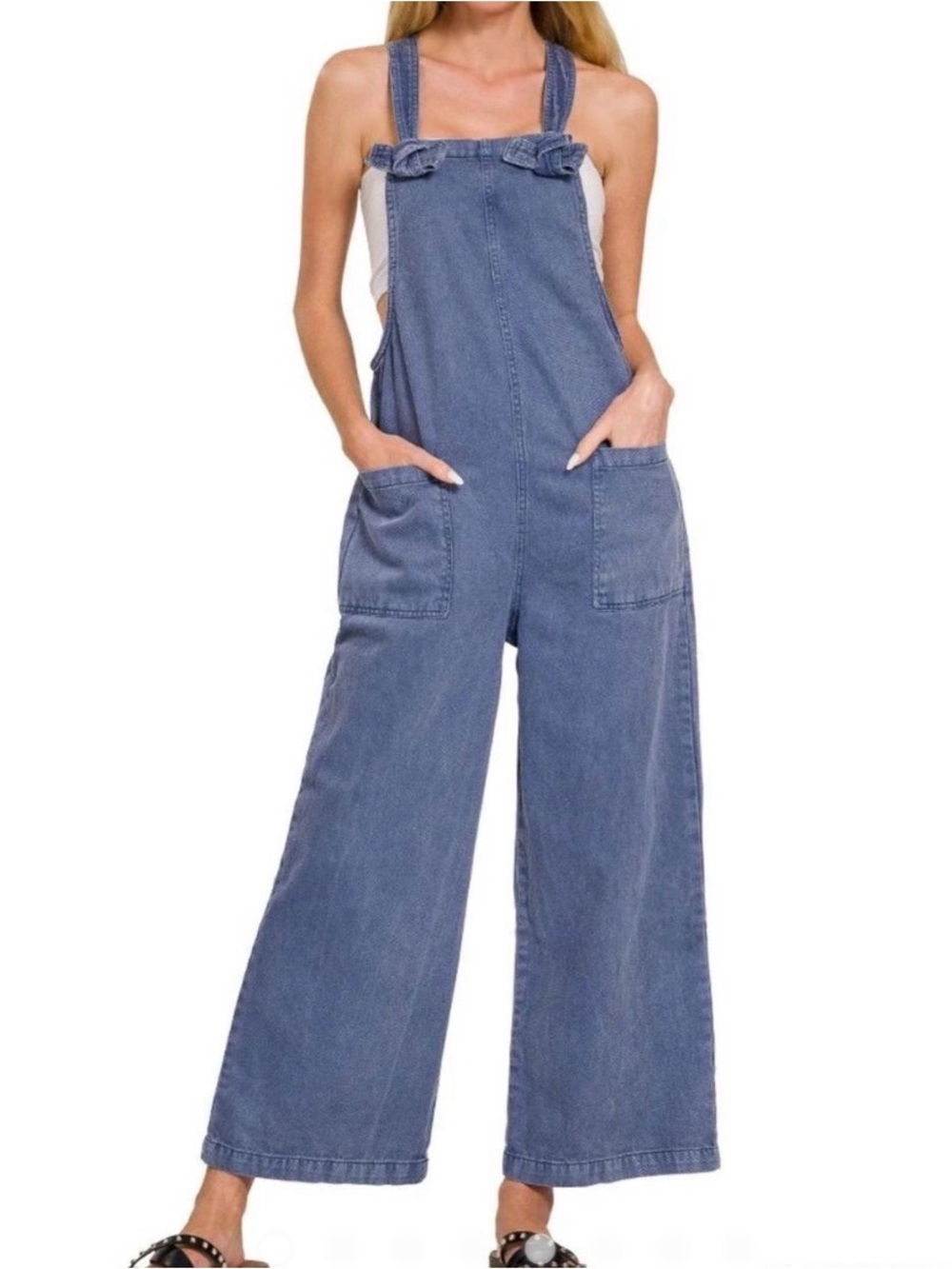 NWT Zenana Knot Strap Wide-Leg Denim Overalls - Blue Medium